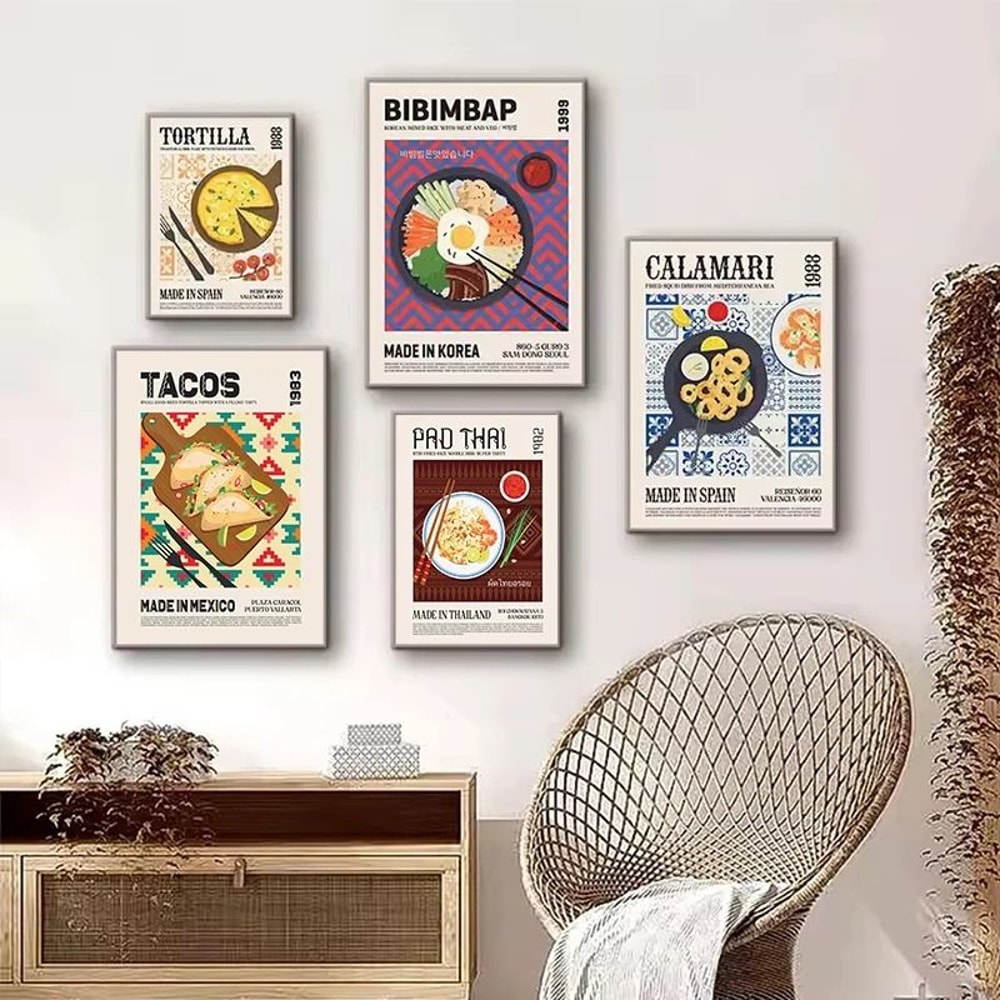 Global Cuisine Canvas Painting Delicious Food Wall Art Poster Ravioli Ramen Coffee Pizza Prints 1