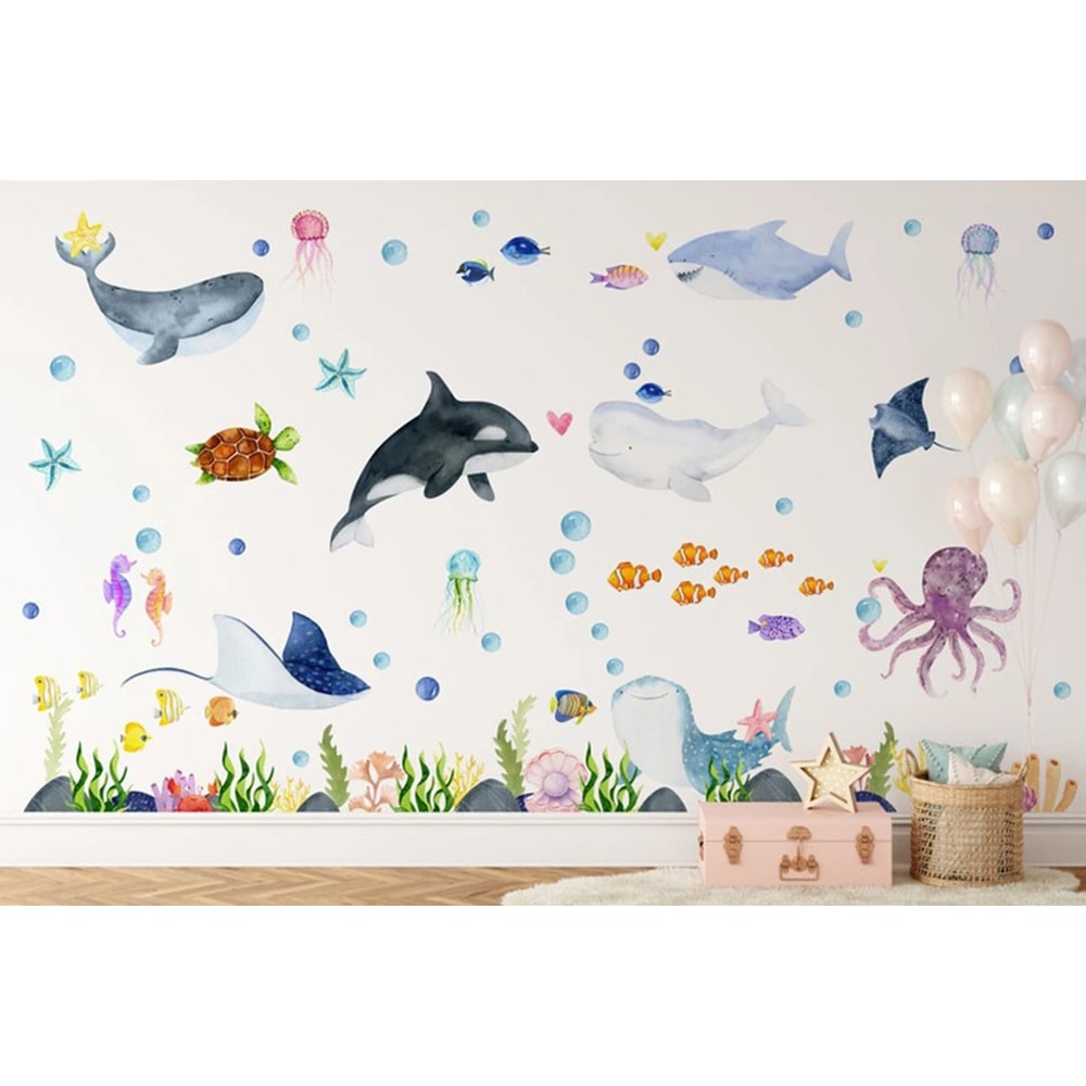 Ocean Animals Wall Stickers Undersea Nautical Decals Marine Life Wall Art For Baby Nursery Kids 0