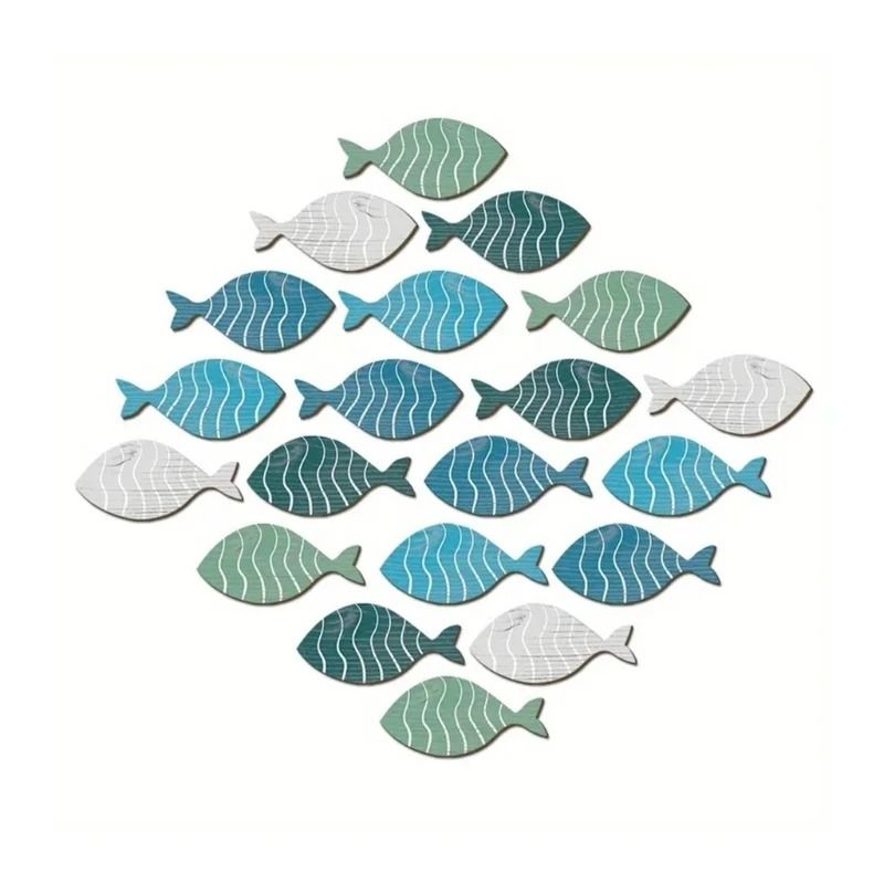 Rustic Coastal Wooden Fish Set 20pc Nautical Wall Hanging Ornaments Beach House Sculptures Medit 0