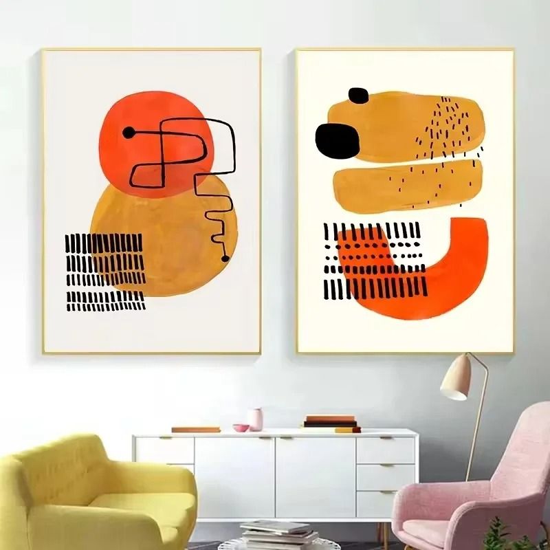 Mid Century Abstract Brush Stroke Art Minimalist Orange Watercolor Canvas Modern Wall Painting Fo 3