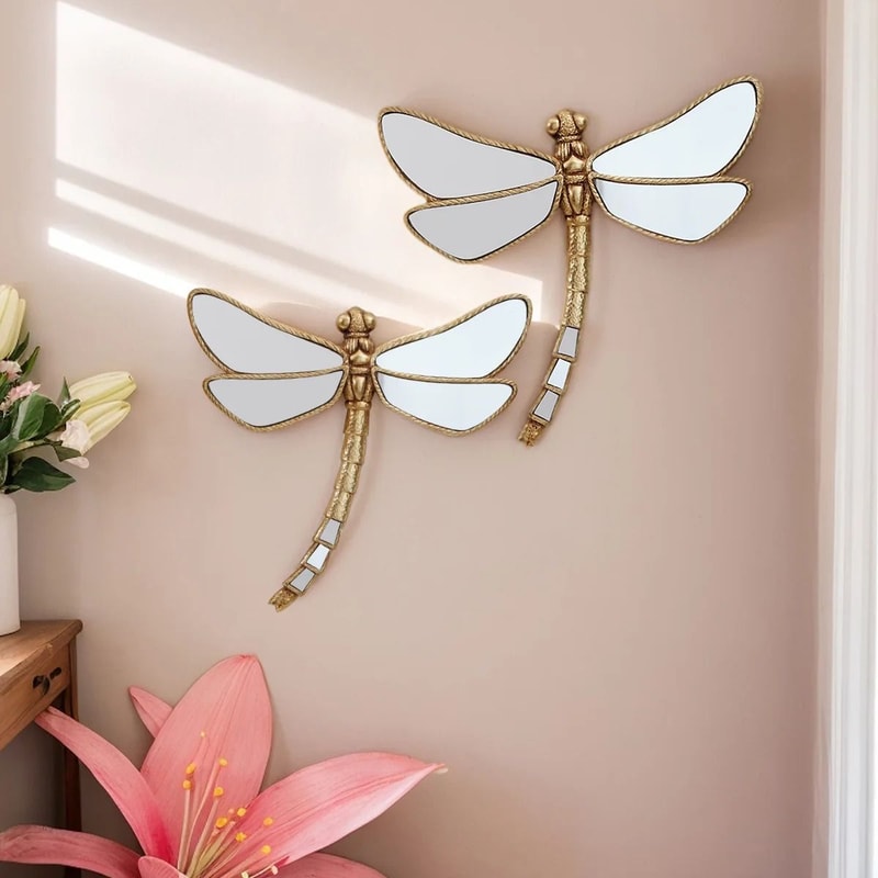 Golden CurlyTailed Dragonfly Wall Decor MirrorFinished Resin Craft Luxury Furniture Home Art Acc 1