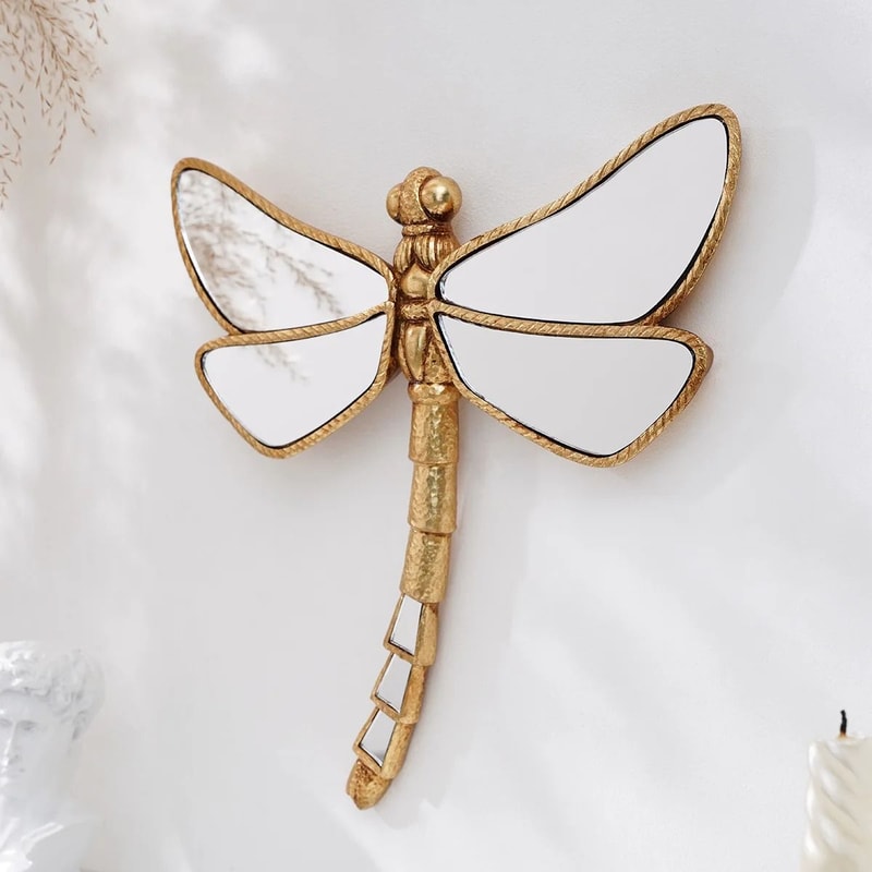 Golden CurlyTailed Dragonfly Wall Decor MirrorFinished Resin Craft Luxury Furniture Home Art Acc 3
