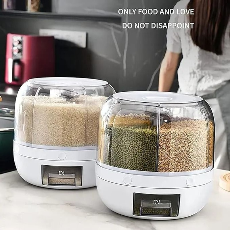 Rotating 6Grid Grain Dispenser 360 Degree OneTouch Rice Container MoistureProof Cereal Organizer 2