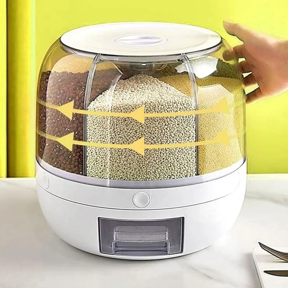 Rotating 6Grid Grain Dispenser 360 Degree OneTouch Rice Container MoistureProof Cereal Organizer 3