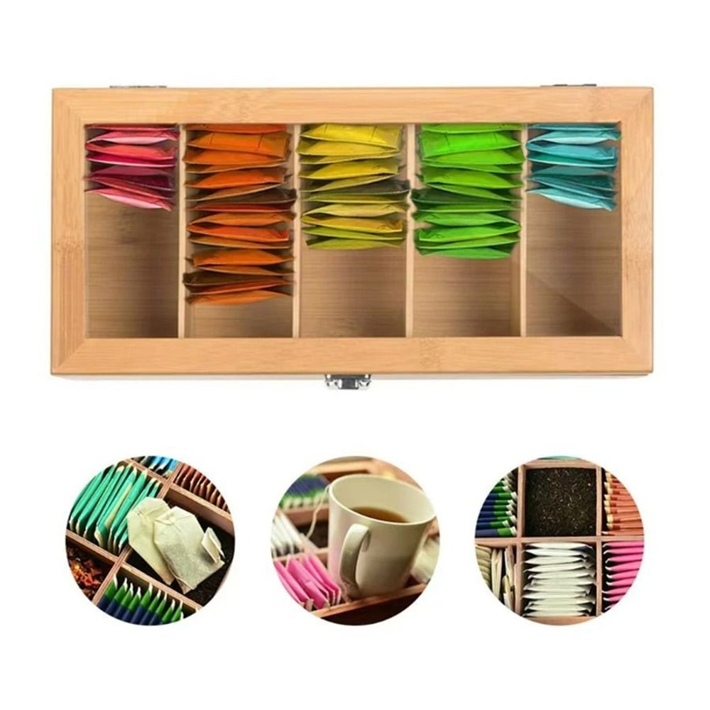 Bamboo Tea Bag Storage Box 5Compartment Portable Tea Holder Multipurpose Organizer For Home Offi 3