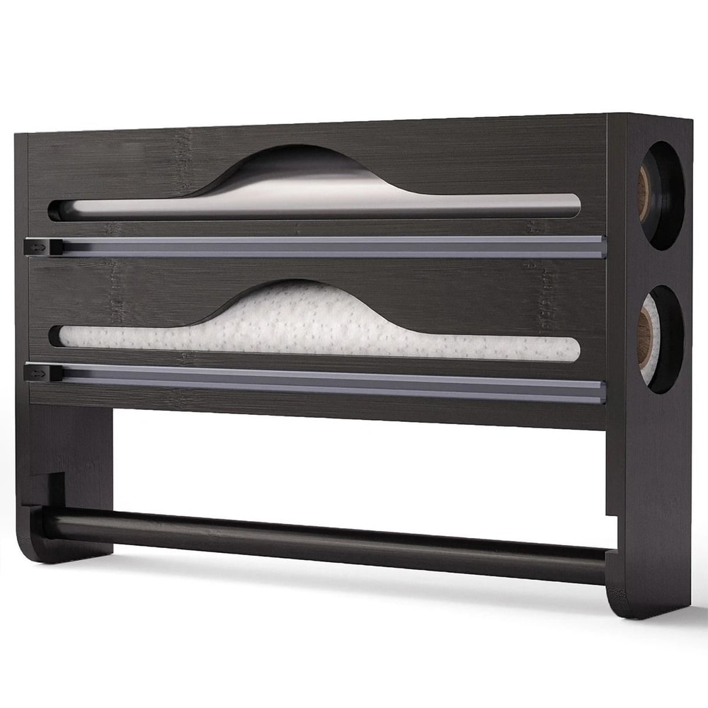 Bamboo 3in1 Kitchen Dispenser WallMounted Cling Film Foil Cutter Paper Towel Organizer With Slid 4