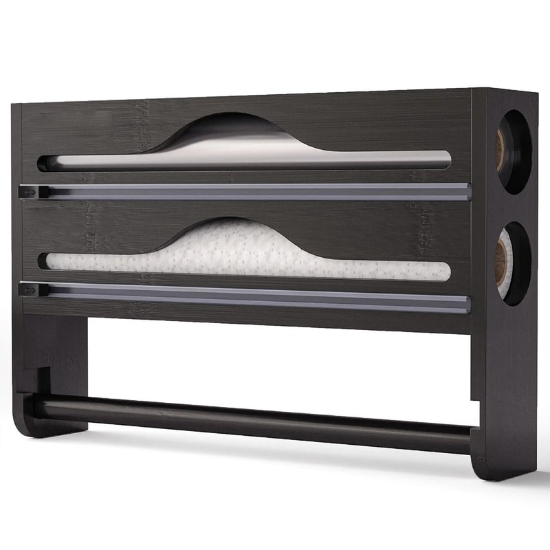 Bamboo 3in1 Kitchen Dispenser WallMounted Cling Film Foil Cutter Paper Towel Organizer With Slid 4