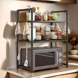 microwave oven storage rack – space-saving countertop organizer – plastic kitchen utensil & tableware shelf