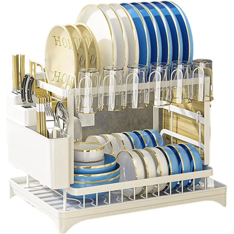 2Tier Kitchen Dish Drying Rack HeavyDuty Countertop Drainer With Drip Tray Metal SpaceSaving Dish 8