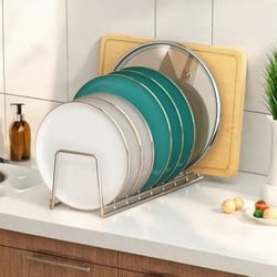 small expandable dish drainer – metal plate holder with drip tray – space-saving cupboard & countertop organizer