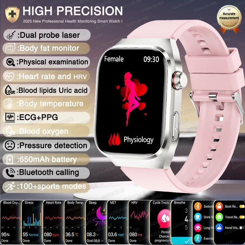 AI Laser Diagnosis Health Smart Watch ECGPPG Blood Lipids Uric Acid Pro Heart Rate BP Sports Sm
