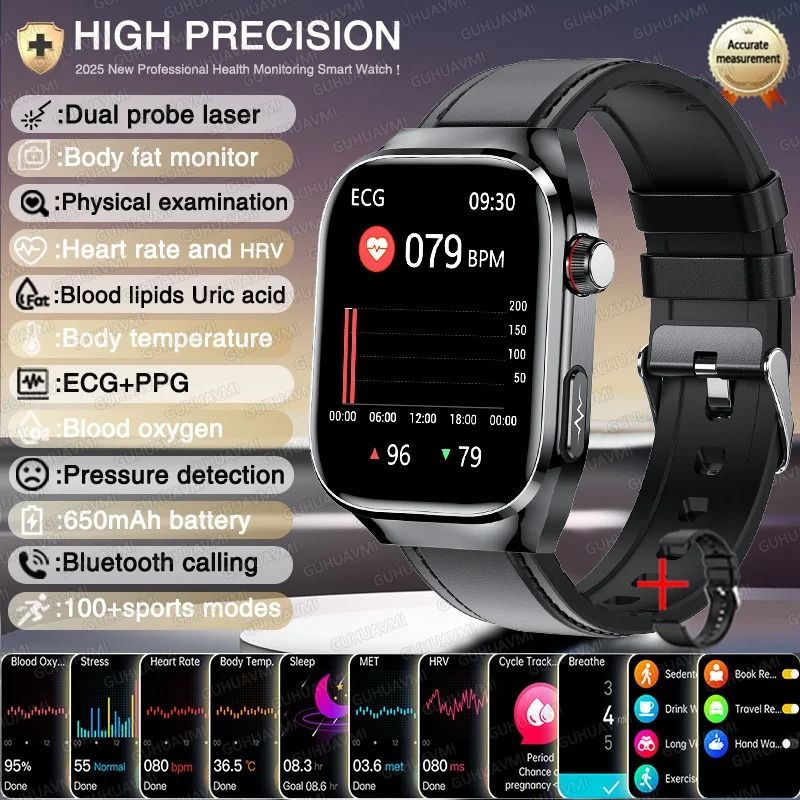 AI Laser Diagnosis Health Smart Watch ECGPPG Blood Lipids Uric Acid Pro Heart Rate BP Sports Sm