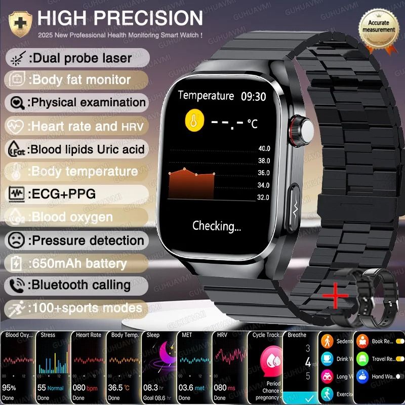 AI Laser Diagnosis Health Smart Watch ECGPPG Blood Lipids Uric Acid Pro Heart Rate BP Sports Sm