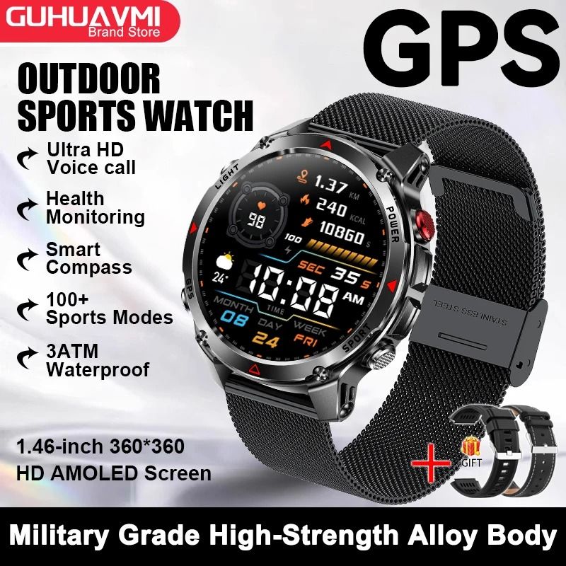 GPS Map Navigation Smart Watch AMOLED Screen 3ATM Waterproof Compass Pro Mens Womens NFC BT Cal 17