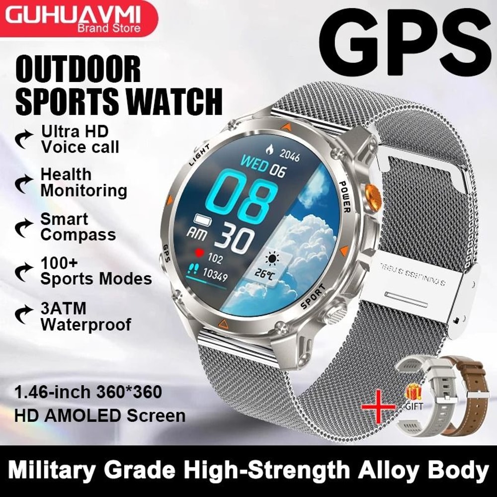 GPS Map Navigation Smart Watch AMOLED Screen 3ATM Waterproof Compass Pro Mens Womens NFC BT Cal 18