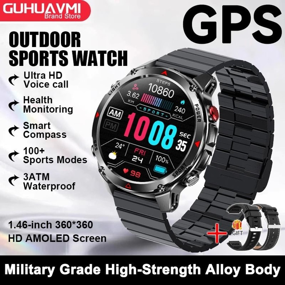 GPS Map Navigation Smart Watch AMOLED Screen 3ATM Waterproof Compass Pro Mens Womens NFC BT Cal 0