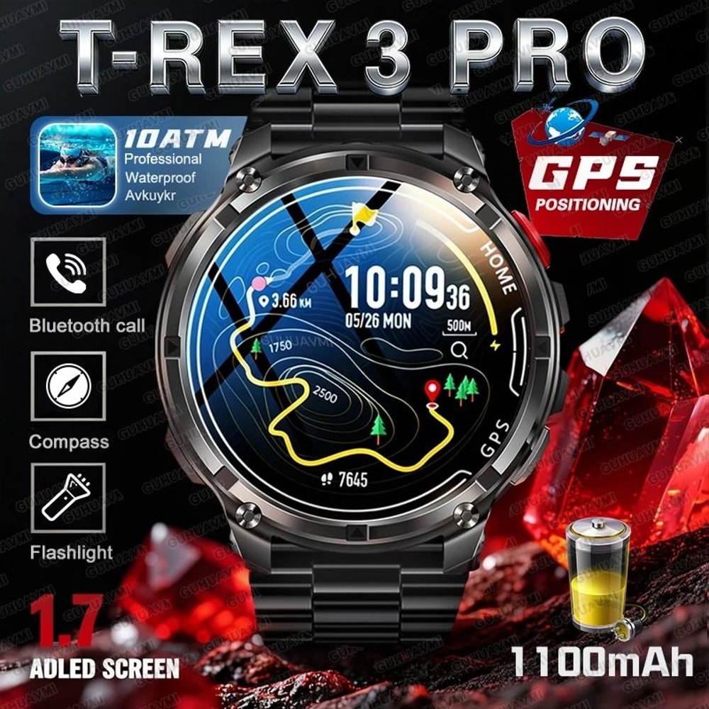 TRex 3 Pro Smart Watch 1100mAh Long Battery DualBand GPS 10ATM Military Grade Outdoor Smartwatch 1