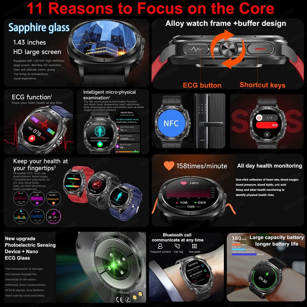 AI Laser Diagnosis Health Smart Watch ECGPPG Uric Acid Blood Fat Pro NFC Bluetooth Call Health S 1