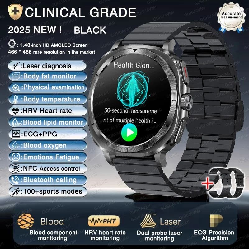 AI Laser Diagnosis Health Smart Watch ECGPPG Uric Acid Blood Fat Pro NFC Bluetooth Call Health S 12
