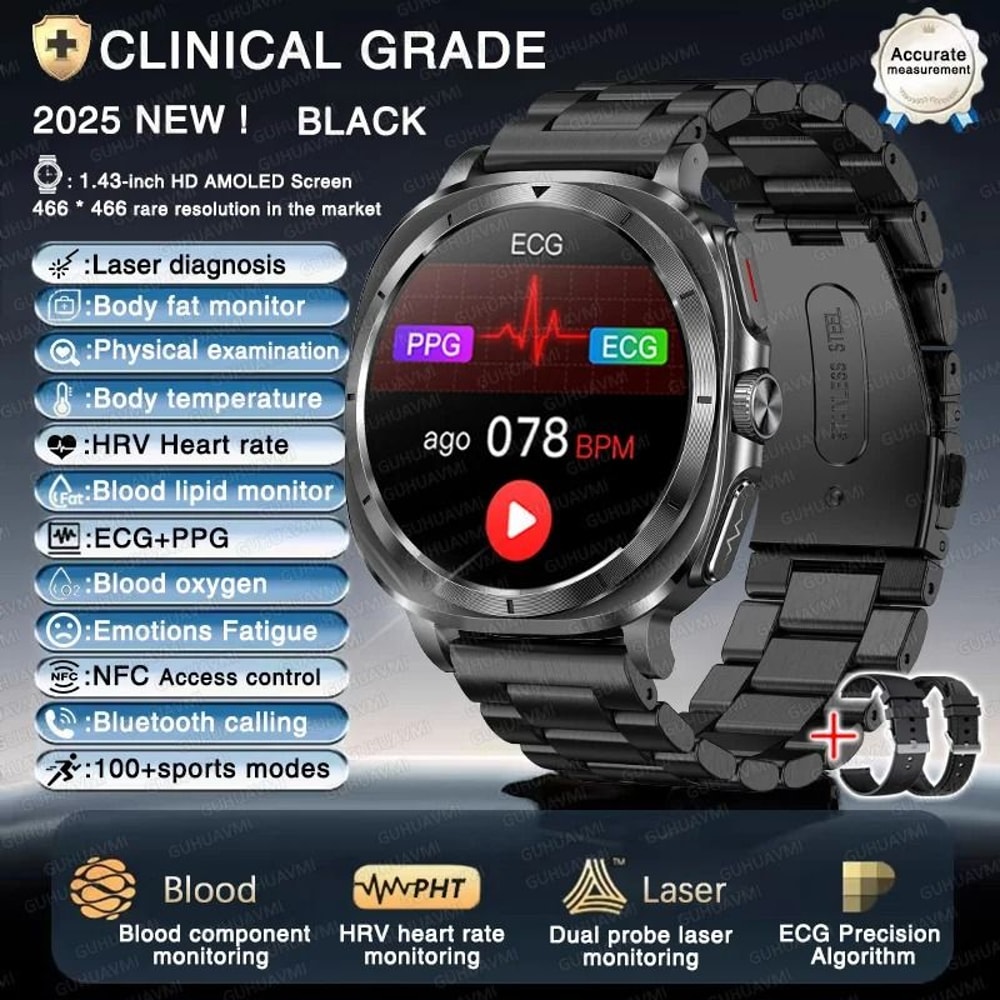 Nursing Health Pro Smart Watch ECG Uric Acid Blood Fat Monitor Mens Body Analysis HD Call Healt