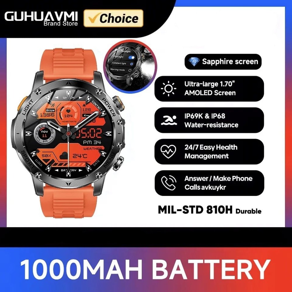Tactical Endurance Military Smart Watch 1000mAh Battery GPS Pro AMOLED HD IP68 Waterproof Mens S 9