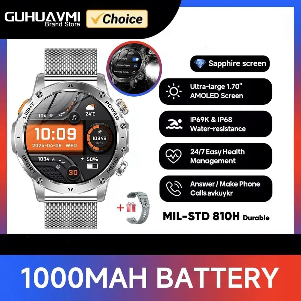 Tactical Endurance Military Smart Watch 1000mAh Battery GPS Pro AMOLED HD IP68 Waterproof Mens S 11