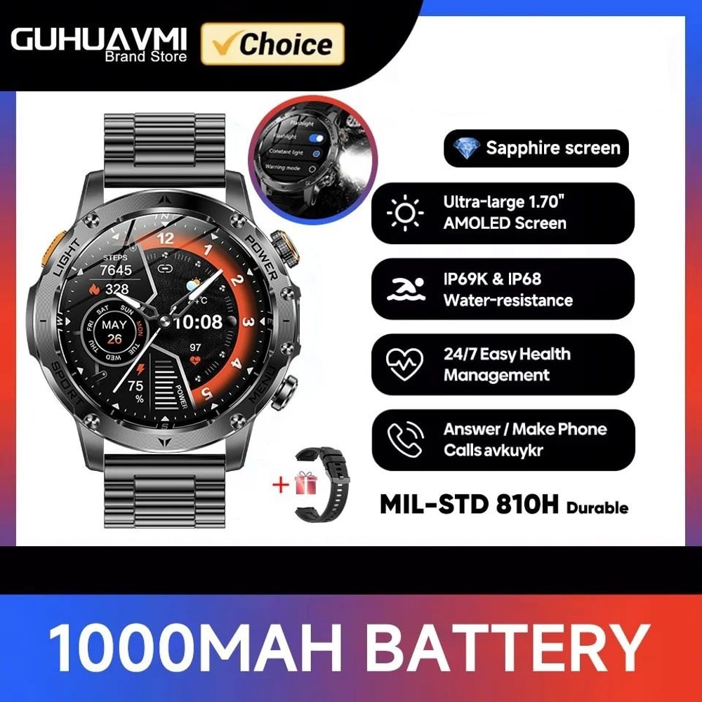 Tactical Endurance Military Smart Watch 1000mAh Battery GPS Pro AMOLED HD IP68 Waterproof Mens S 12