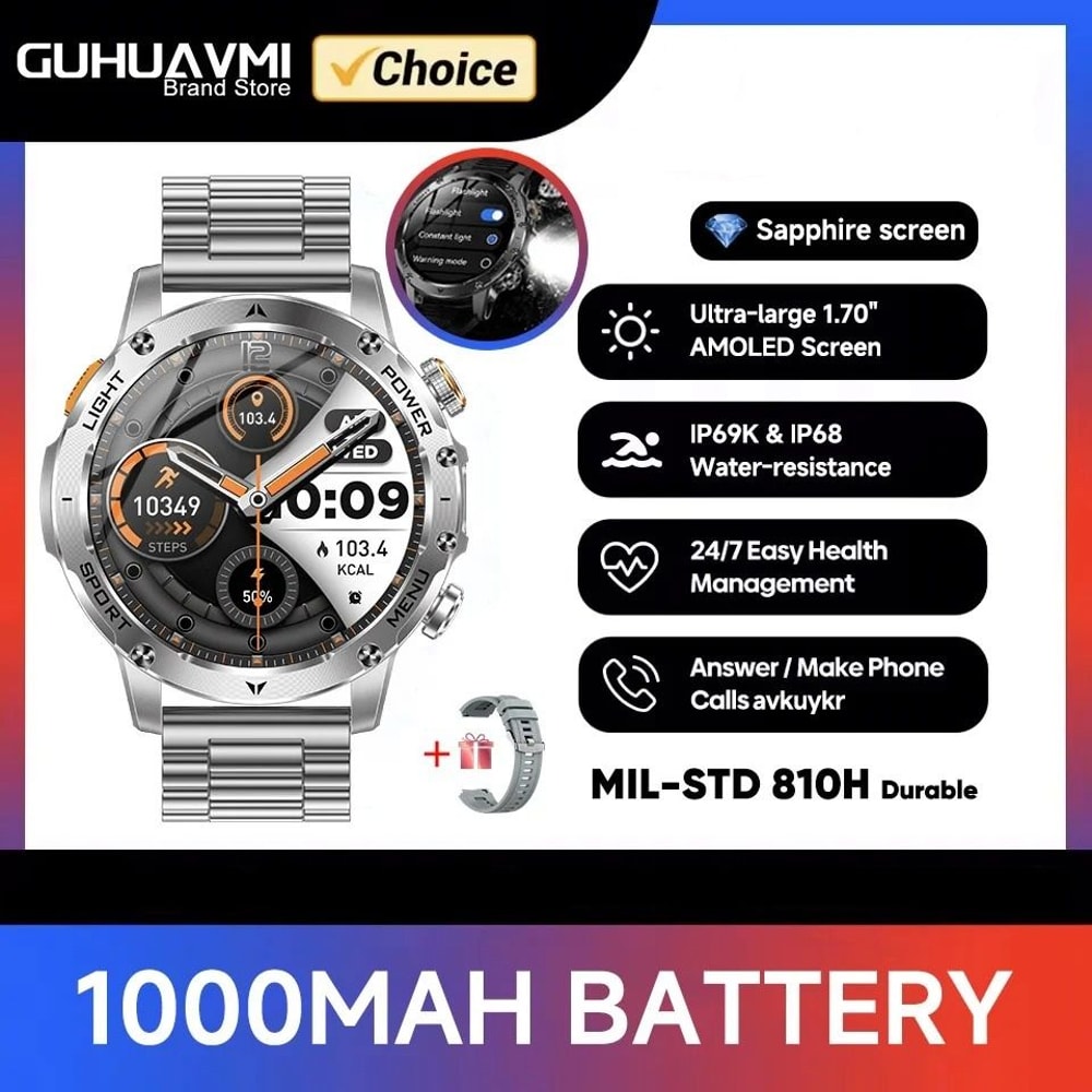 Tactical Endurance Military Smart Watch 1000mAh Battery GPS Pro AMOLED HD IP68 Waterproof Mens S 13