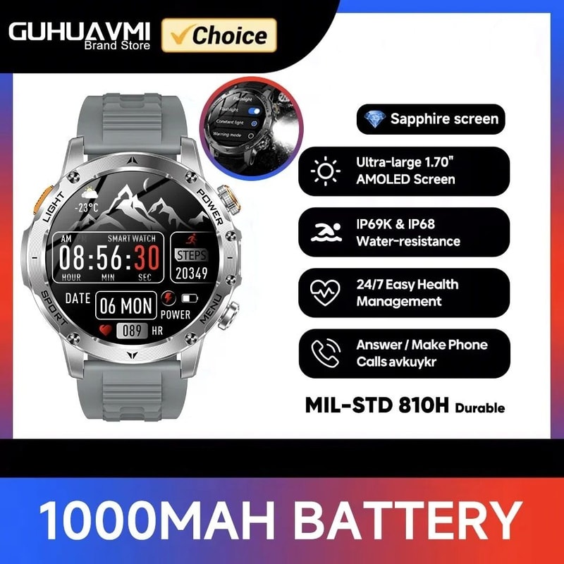 Tactical Endurance Military Smart Watch 1000mAh Battery GPS Pro AMOLED HD IP68 Waterproof Mens S 7