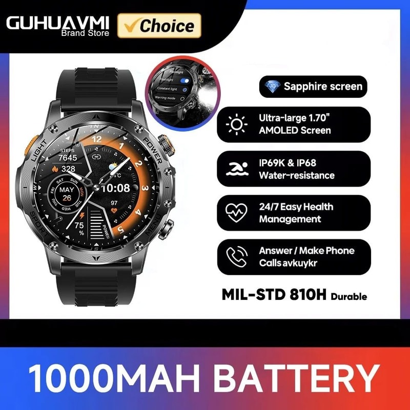 Tactical Endurance Military Smart Watch 1000mAh Battery GPS Pro AMOLED HD IP68 Waterproof Mens S 8