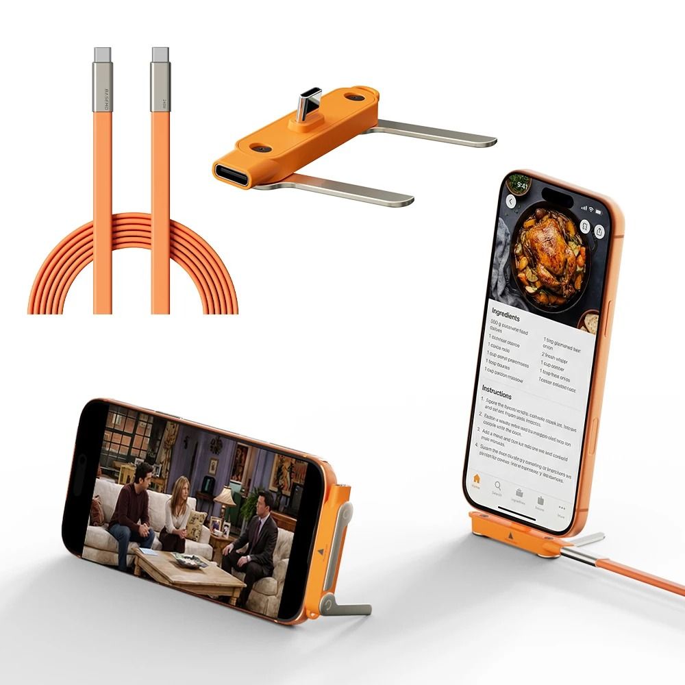 2in1 Foldable Bracket Fast Charging Cable 240W Dual TypeC Power Delivery Hub 60 In Data Sync Wire 2