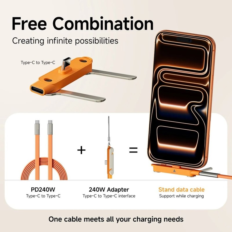 2in1 Foldable Bracket Fast Charging Cable 240W Dual TypeC Power Delivery Hub 60 In Data Sync Wire 4