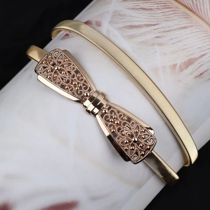 Elastic Gold Chain Belt Leaf Motif Metallic Waistband HighYield Sartorial Interaction Hub 5