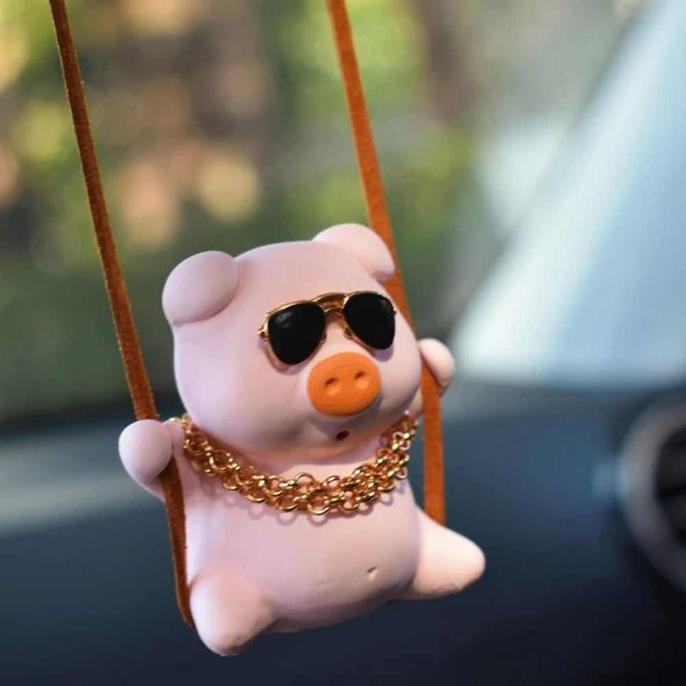 Adorable Pink Swing Pig Rearview Mirror Pendant 0