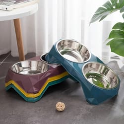 diamond pattern stainless steel double bowl – non-slip elevated pet feeder