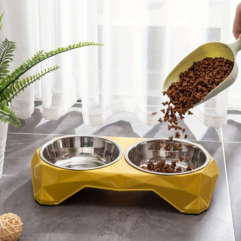 Diamond Pattern Stainless Steel Double Bowl NonSlip Elevated Pet Feeder 3