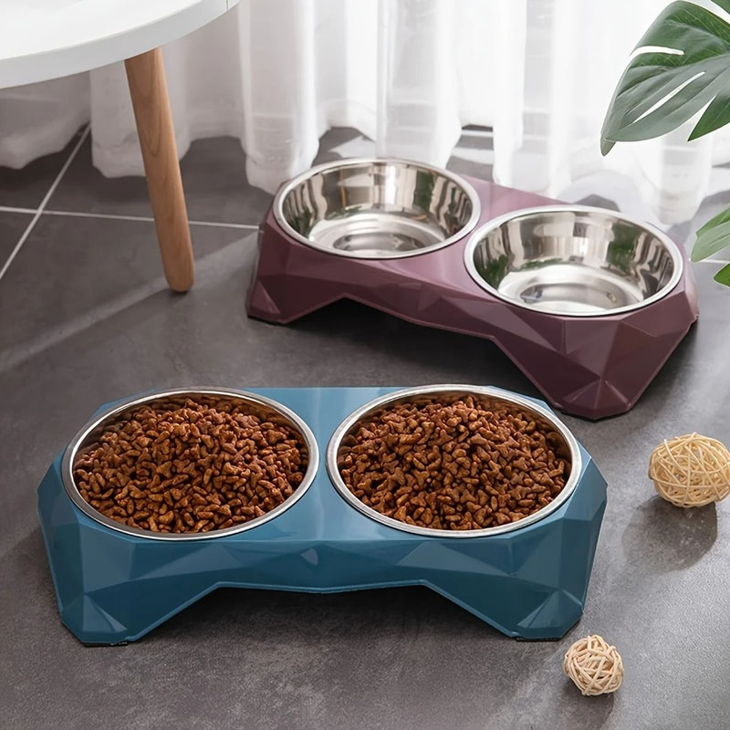 Diamond Pattern Stainless Steel Double Bowl NonSlip Elevated Pet Feeder 4