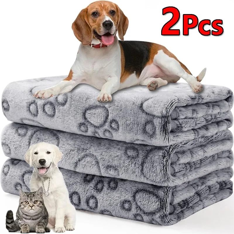 2Piece Premium Soft Fluffy Pet Blanket Set HighQuality Warm Fleece Mat With Cute Paw Prints 0