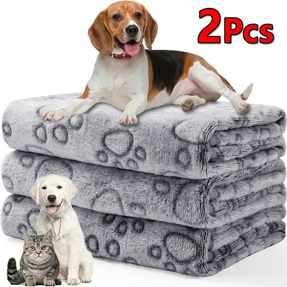 2Piece Premium Soft Fluffy Pet Blanket Set HighQuality Warm Fleece Mat With Cute Paw Prints 1