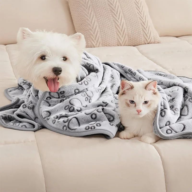 2Piece Premium Soft Fluffy Pet Blanket Set HighQuality Warm Fleece Mat With Cute Paw Prints 5