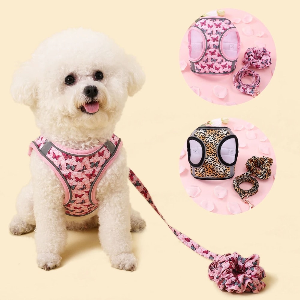 Winter Warm Pet Harness Set Soft Plush Patterned Vest Leash For Small Dogs Cats 0