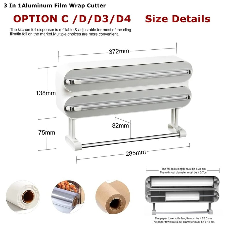 3in1 Kitchen Management Station WallMount Foil Cling Film Paper Towel Dispenser With Integrated C 2