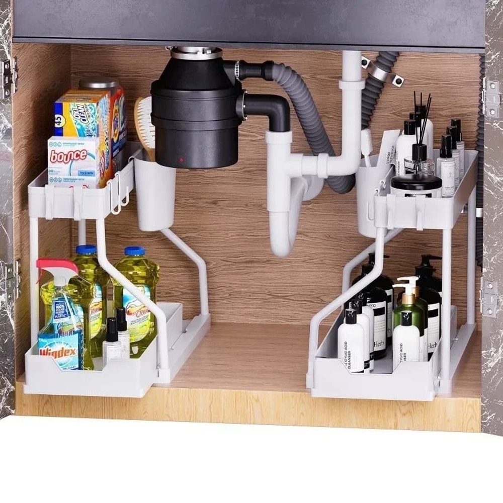 DualTier Sliding Management System HighCapacity UnderSink PullOut Organizer For Kitchen Bathroom 0