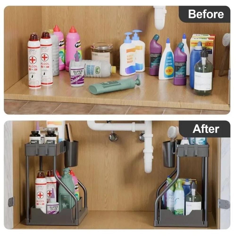 DualTier Sliding Management System HighCapacity UnderSink PullOut Organizer For Kitchen Bathroom 1