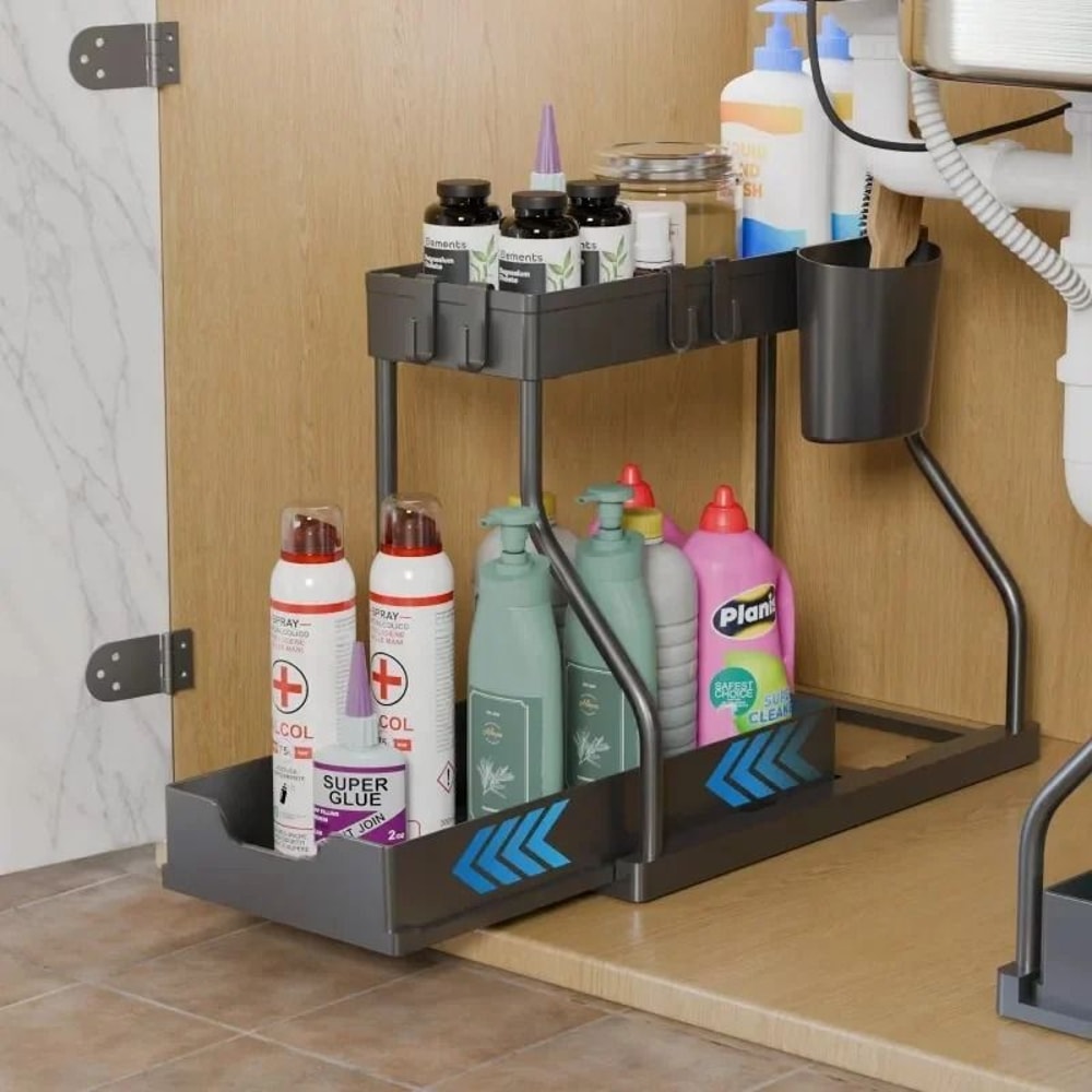 DualTier Sliding Management System HighCapacity UnderSink PullOut Organizer For Kitchen Bathroom 2