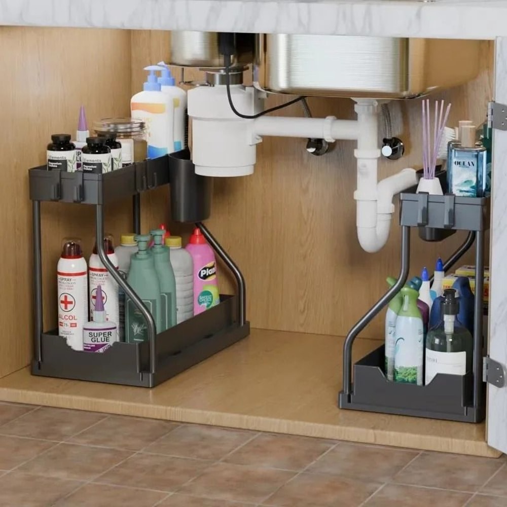 DualTier Sliding Management System HighCapacity UnderSink PullOut Organizer For Kitchen Bathroom 3