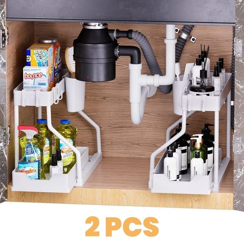 DualTier Sliding Management System HighCapacity UnderSink PullOut Organizer For Kitchen Bathroom 7