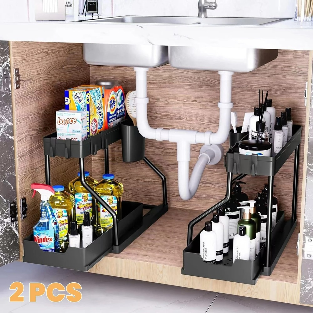 DualTier Sliding Management System HighCapacity UnderSink PullOut Organizer For Kitchen Bathroom 8
