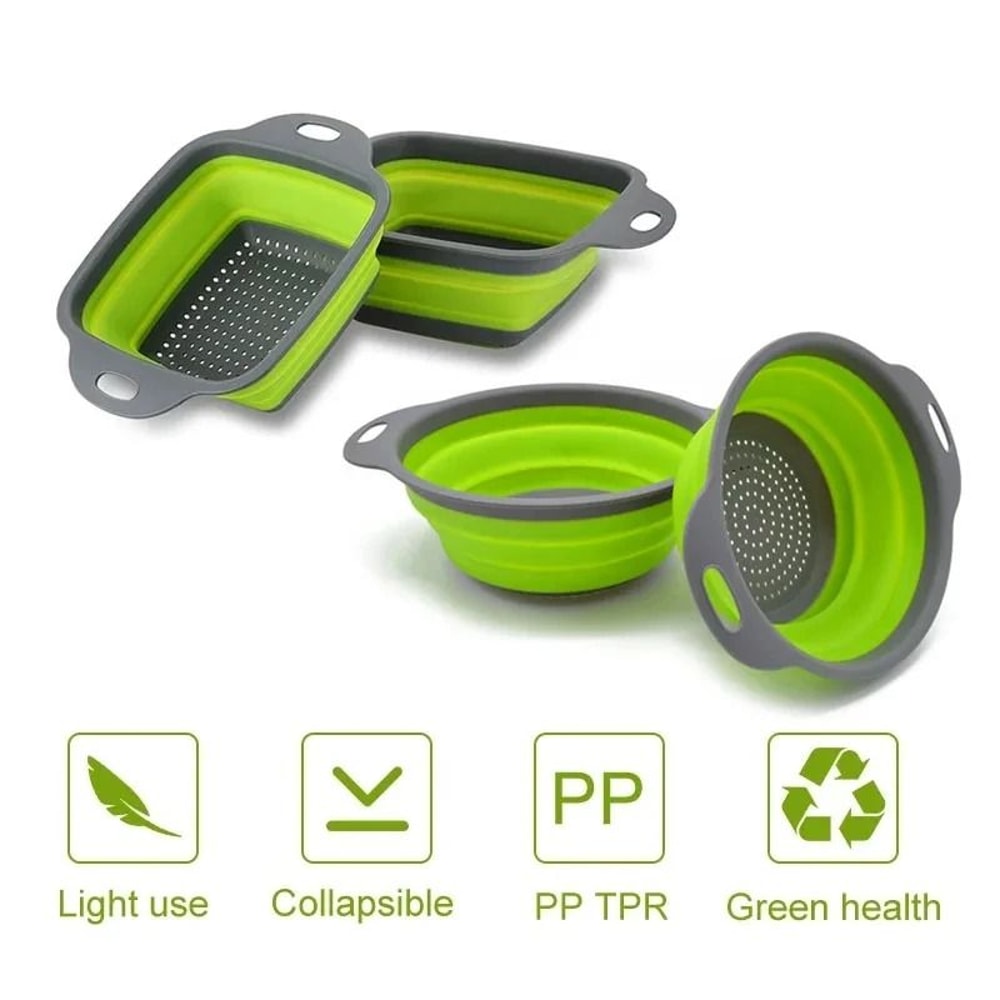 DualPack Collapsible Silicone Drainer System HighHeat Resistant FoodGrade Folding Colander Set 0