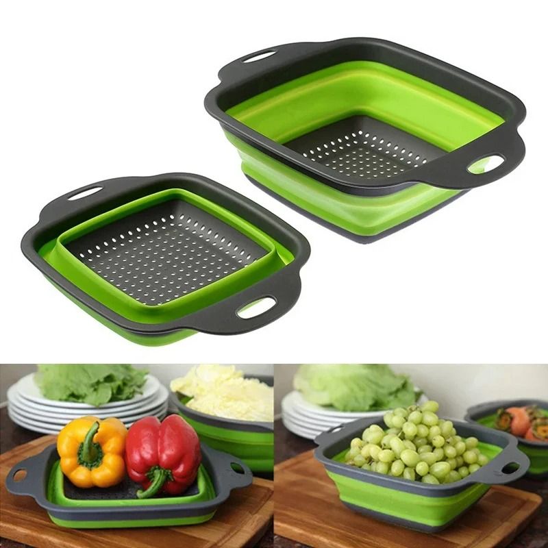 DualPack Collapsible Silicone Drainer System HighHeat Resistant FoodGrade Folding Colander Set 1